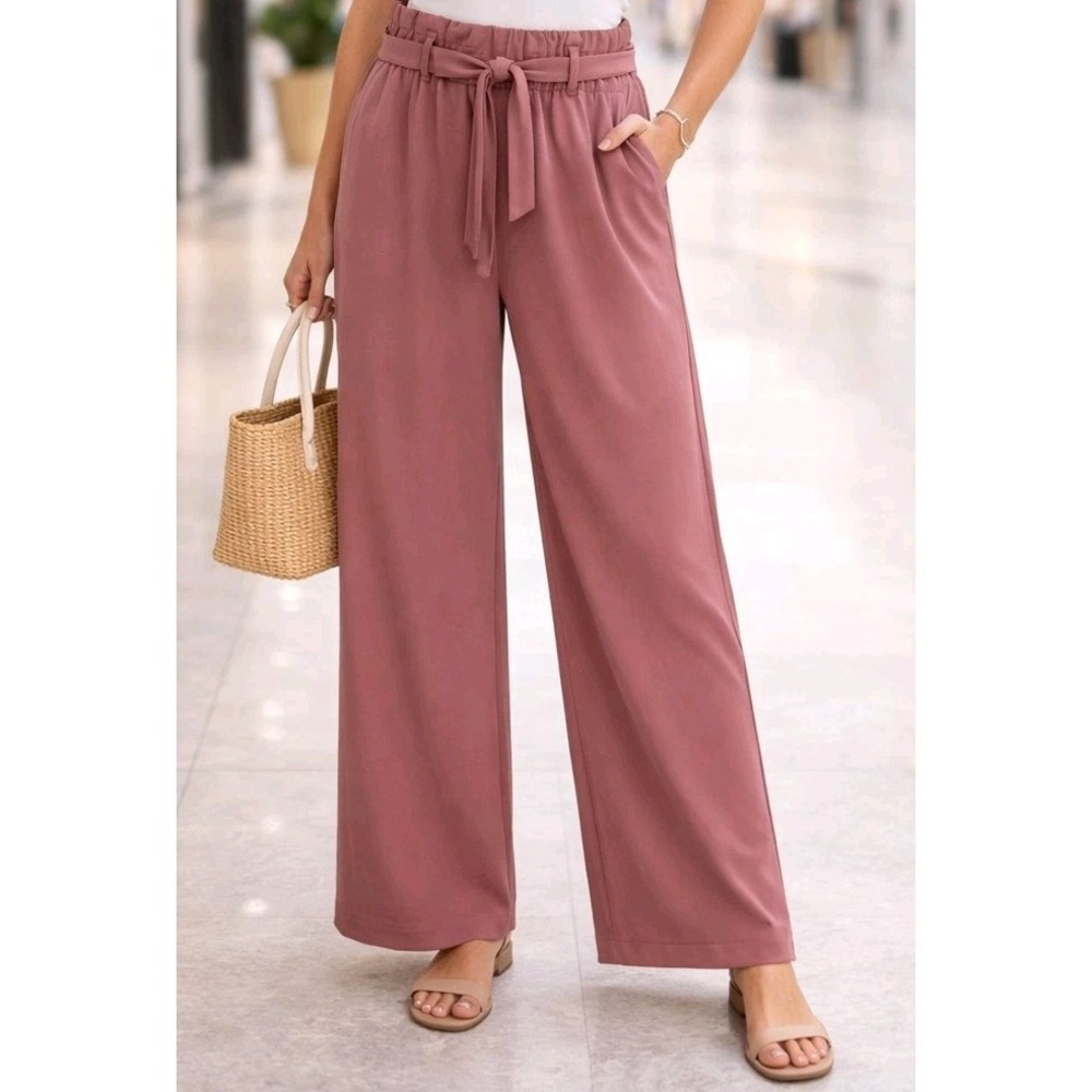 Womens Terracotta Wide Leg Pants Paperbag Waist Pocket Beach Vacay Resort Earthy